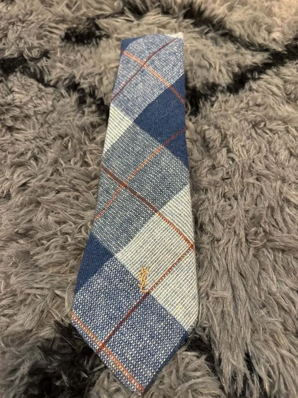 Vintage Yves Saint Laurent Blue Plaid Heather Mist Wool Necktie